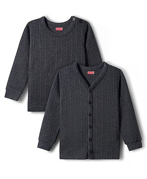 Babyhug Knit Full Sleeves Solid Pullover & Front Open Thermal Vests Pack of 2 - Charcoal Grey