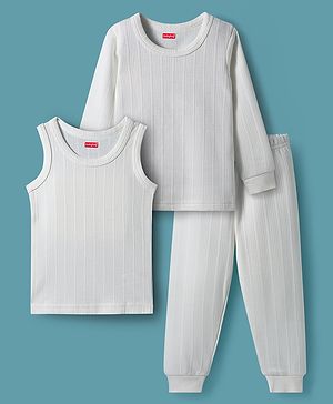 Babyhug Knit Full Sleeves Solid Color Pullover & Sleeveless Thermal Vests & Pant Set - Offwhite