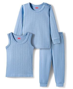 Babyhug Knit Full Sleeves Solid Color Pullover & Sleeveless Thermal Vests & Pant Set - Blue