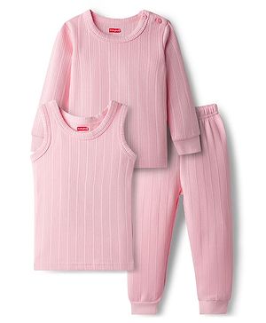 Babyhug Knit Full Sleeves Solid Color Pullover & Sleeveless Thermal Vest & Pant Set - Pink