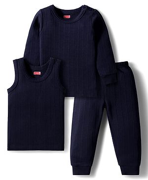 Babyhug Knit Full Sleeves Solid Color Pullover Thermal Inner Wear Set - Navy Blue