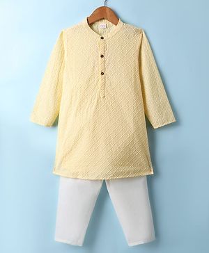 Babyhug Cotton Woven Full Sleeves Kurta Pyjama Set with Embroidery - Yellow & White