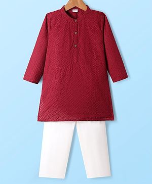 Babyhug Cotton Woven Full Sleeves Embroidered Kurta Pajama Set - Red