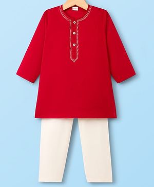 Babyhug Cotton Woven Full Sleeves Solid Colour Kurta Pajama Set - Red