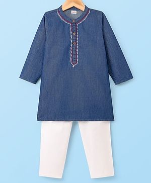 Babyhug Cotton Woven Full Sleeves Kurta Pyjama Set With Embroidery Detailing - Navy Blue & White