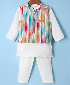 Babyhug Cotton Woven Full Sleeves Solid Kurta Pyjama Set with Printed Jacket - White