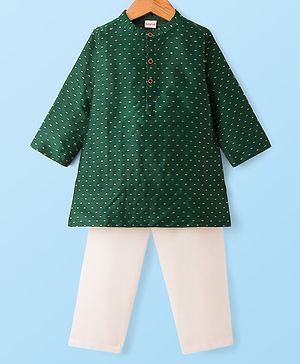 Babyhug Cotton Woven Full Sleeves Foil Print Kurta & Pyjama Set - Dark Green