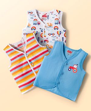 Babyhug 100% Cotton Woven Sleeveless Front Open Jhabla with Stripe & Car Print Pack of 3 - Multicolor