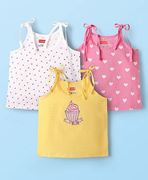 Babyhug 100% Cotton Woven Sleeveless Shoulder Tie Knot Jhabla with Polka Dots & Heart Print Pack of 3 - White Pink & Yellow