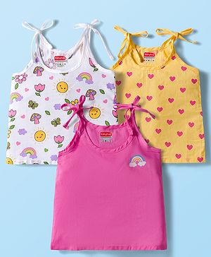 Babyhug 100% Cotton Cambric Woven Sleevesless Shoulder Tie Knot Jhabla with Hearts & Floral Print Pack of 3 - Pink Yellow & White