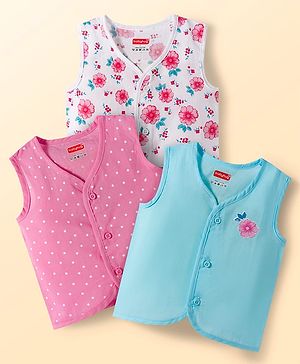 Babyhug 100% Cotton Cambric Woven Sleeveless Front Open Jhablas with Polka Dot & Floral Print Pack of 3 - White Pink & Light Blue