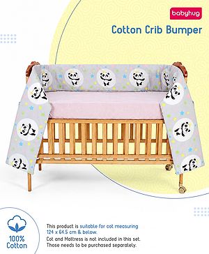 Babyhug 100% Cotton Crib Bumper Panda Print Large - Grey| Soft Cushioned Crib Protector| Breathable Cotton Fabric| Cot Rail Safety Padding| 0-24 Months| New Born & Toddler Gifting
