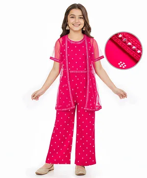 EARTHY TOUCH Woven Half Sleeves Indo
                              Western Sets with Mirror Work & Foil
                              Print - Dark Pink