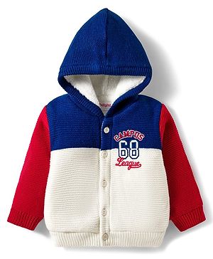 Babyhug Knitted Full Sleeves Hooded Front Open Sweater With Text Embroidery - Red Navy Blue & White