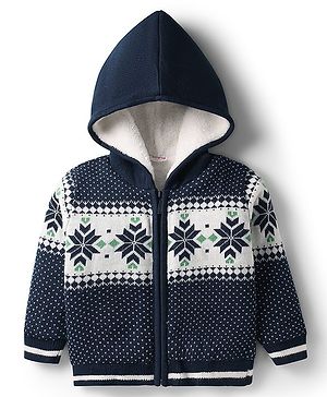 Babyhug Knitted Full Sleeves Front Open Hooded Sweater with Fair Isle Design - Navy Blue