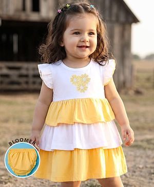 Babyhug Single Jersey Knit Frill Sleeves Layered Frock with Bloomer & Floral Embroidery - White