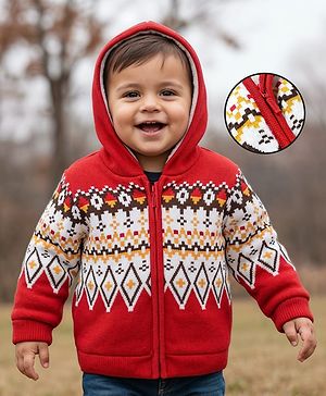 Babyhug Knit Full Sleeves Front Open Hooded Sweater with Aztec Design - Red Grey & Yellow