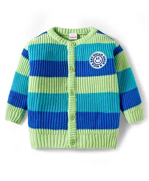 Babyhug Knitted Full Sleeves Striped Front Open Sweater With Text Embroidery - Multicolor