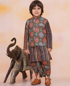 KID1 Cotton Woven Full Sleeves Abstract & Floral Printed Dhoti Kurta With Jacket - Green & Multi Colour