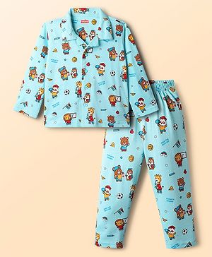 Babyhug Cotton Knit Full Sleeves Front Open Co-Ords Night Suit With Animal Print - Light Blue