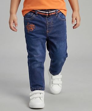 Babyhug Denim Full Length Washed Embroidered Jeans With Stretch & Belt - Navy Blue