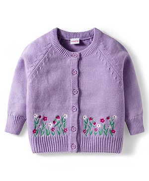 Babyhug Knitted Full Raglan Sleeves Front Open Sweater With Floral Embroidery - Lavender