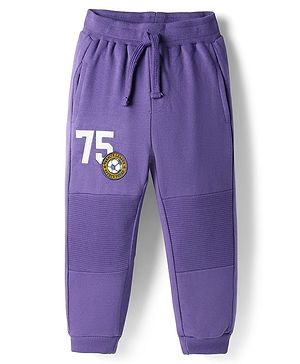 Babyhug Terry Cotton Knit Full Length Cut & Sew Lounge Pant With Sports Theme Print & Patch - Purple