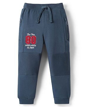 Babyhug French Terry Knit Full Length Lounge Pant With Text Embroidery - Navy Blue