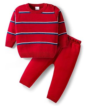 Babyhug Knit Full Sleeves Striped Pullover Sweater Set - Red & Navy Blue
