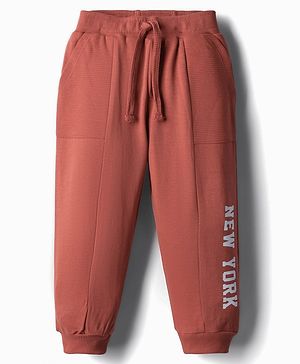 Babyhug French Terry Knit Full Length Lounge Pant With text Print - Brown