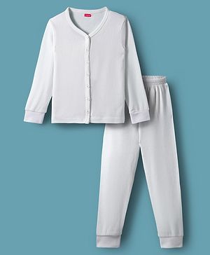 Babyhug Knit Front open Solid Coloured Thermal Set - OffWhite