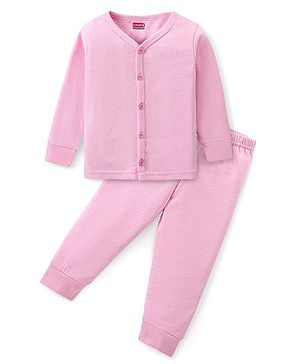 Babyhug Cotton Knit Full Sleeves Solid Color Thermal Vest & Pant Set - Pink