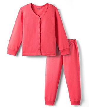 Babyhug Knit Full Sleeves Solid Front Open Thermal Vest & Pant Set - Coral