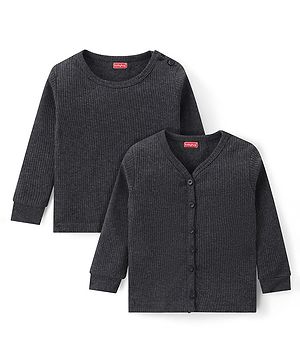 Babyhug Cotton Knit Full Sleeves Thermal Inner Wear Pullover Front Open Pack of 2 - Charcoal Grey