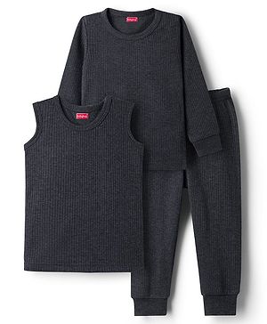 Babyhug Knit Full Sleeves Solid Thermal Set With Vest - Charcoal Grey