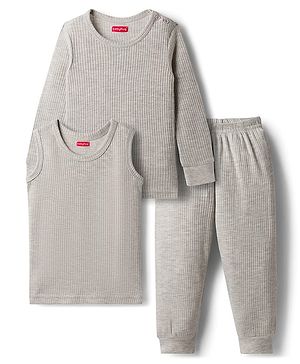 Babyhug Knit Full Sleeves Solid Color Pullover & Sleeveless Thermal Vest & Pant Set - Light Grey