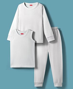 Babyhug Knit Full Sleeves Solid Color Pullover & Sleeveless Thermal Vests & Pant Set - Offwhite