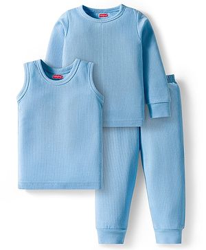 Babyhug Knit Full Sleeves Solid Pullover Thermal Set - Light Blue