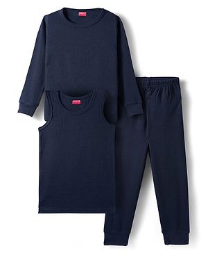 Babyhug Knit Solid Color Full Sleeves Pullover & Sleeveless Thermal Vest & Pant Set - Navy Blue