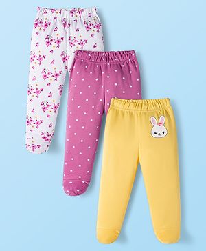 Babyhug Cotton Knit Full Length Bootie Leggings With Polka Dot & Floral Print Pack Of 3 - White Pink & Yellow