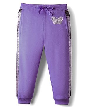 Babyhug French Terry Knit Full Length Lounge Pant With Butterfly Patch - Purple