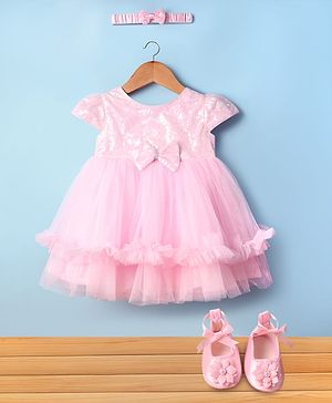 Babyhug Woven Cap Sleeves Mesh Sequinned Yoke Party Dress with Headband & Booties - Light Pink