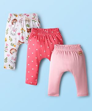 Babyhug Cotton Knit Full Length Diaper Leggings With Bunny & Heart Print Pack Of 3 - Pink & White