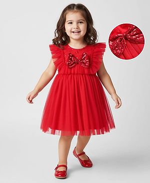 Babyhug Woven Sleeveless Dress With Ruffles & Embroidered Yoke - Red
