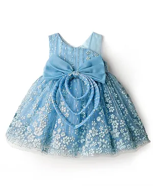 Babyhug Woven Sleeveless Flare Mesh Dress with Floral Detailing & Bow Applique - Light Blue