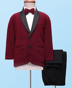 Babyhug Knit Full Sleeves Solid Color 3 Piece Party Suit with Bow Applique - Maroon
