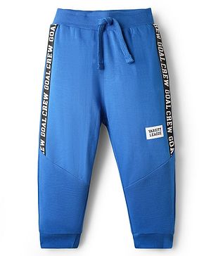 Babyhug French Terry Knit Full Length Cut & Sew Lounge Pant with Text Print - Blue
