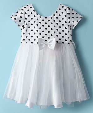 Babyhug Woven Half Cap Sleeves Mesh Party Dress with Polka Dots & Bow Applique - White