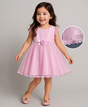 Babyhug Woven Cap Sleeves Party Dress With Floral Corsage & Lace Detailing - Light Pink