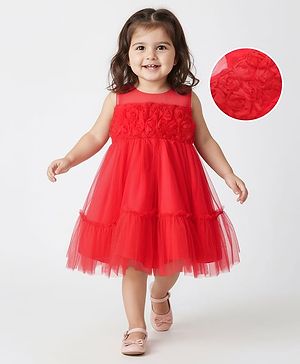 Babyhug Woven Sleeveless Part Dress With Corsage - Red